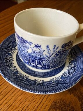 Blue Willow Porcelain Cup and Saucer - White and Blue